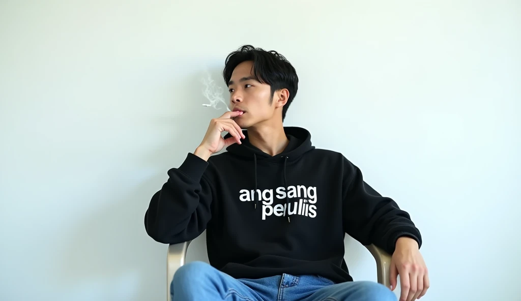 picture of tanned japanese man, black hair, clean face, wearing black hoodie write big "SANG PENULIS" (two lines) on long cut hoodie and blue jeans, back ground is white wall, vibrant, ((Masterpiece, Top Quality, High Resolution, Photorealistic, Raw, 8K)), Sitting on a plastic chair and leaning back, exhaling smoke from his mouth, smoking casually, also giving a smoke effect. White painted wall background bored, realistic