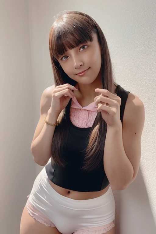 1girl, beautiful woman pink tank top jacket、Pink Panties, skinny, perfect body, defined abs, gold hair, standing in a white wall photography studio, ultra-detailed face, beautiful eyes, beautiful lips, double eyelids, shy smile, trimmed bangs, sun-kissed skin, hint of pubic hair, (best quality, 8k, masterpiece:1.3), frontal and full-body shot, pussy line, front facing, open legs