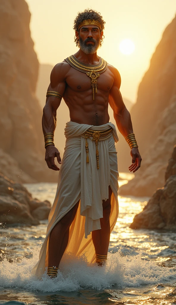 Show Atum standing on the primordial mound, the Benben, in Egyptian mythology. Atum is depicted as a regal mature male figure, with smooth golden-brown skin and intense dark brown eyes. His hair is short, curly, and black, with gray streaks at the temples, giving him an air of wisdom and power. He wears a simple white kilt and a golden crown, with a muscular build that reflects his role as the creator god. The background features the mound rising from the chaotic waters of Nun, with the first rays of the sun illuminating Atum and the surrounding landscape. Use masterpiece, best quality, CG, wallpaper, HDR, high quality, ultra detailed face, cinematic, high detail, 8k, raw, high, artstation HQ, unreal engine, octane renderer, 4k resolution, hyperrealistic, highly detailed, and absurdres settings