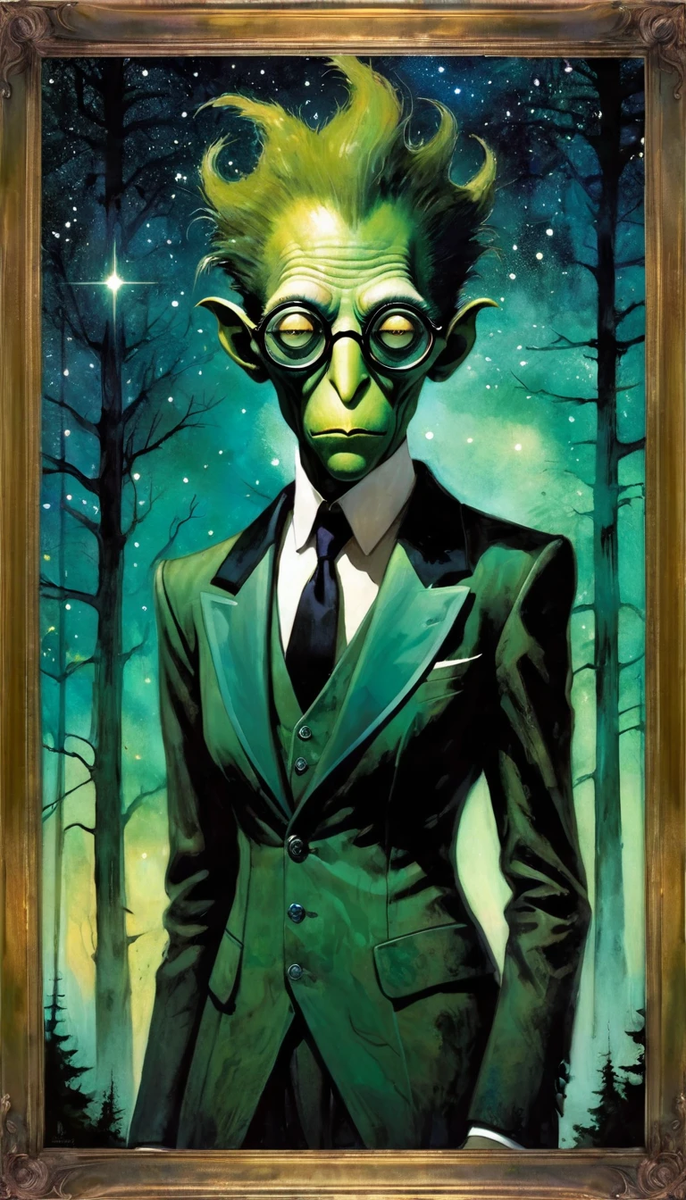 portrait, elegant picture frame, sexy monster, dirty green mucus suit, elegant Victorian era suit, one-eyed glasses, sinister forest background at night, with stars and nebula, art inspired by Bill Sienkiewicz and Dave McKean
