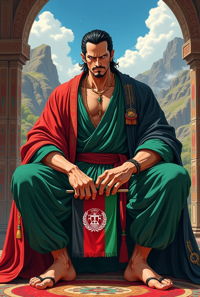 **“Create an image of Zoro from *One Piece* sitting and dressed in traditional Afghan attire, specifically wearing a kameez shalwar and an Afghan hat. He should be holding a small Afghan flag. The background should feature elements of Afghan culture and landscapes. Zoro should have a serious expression, blending his iconic look with the traditional Afghan setting.”**