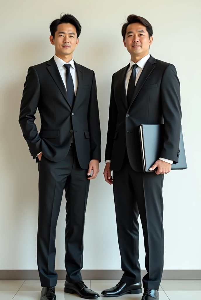 A 2 Japanese man is standing holding a black binder、Black suit、Businessman、The whole body is shown、The eyes are double、Short Hair、Sunburn、facing forward. No beard.
