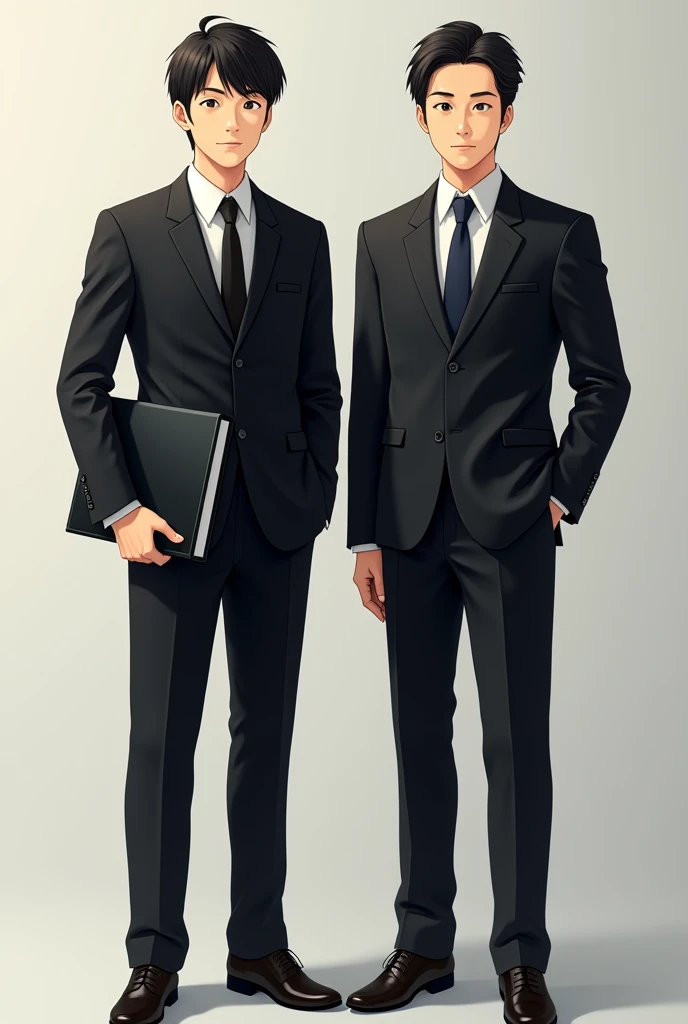 A 2 Japanese man is standing holding a black binder、Black suit、Businessman、The whole body is shown、The eyes are double、Short Hair、Sunburn、facing forward. No beard.