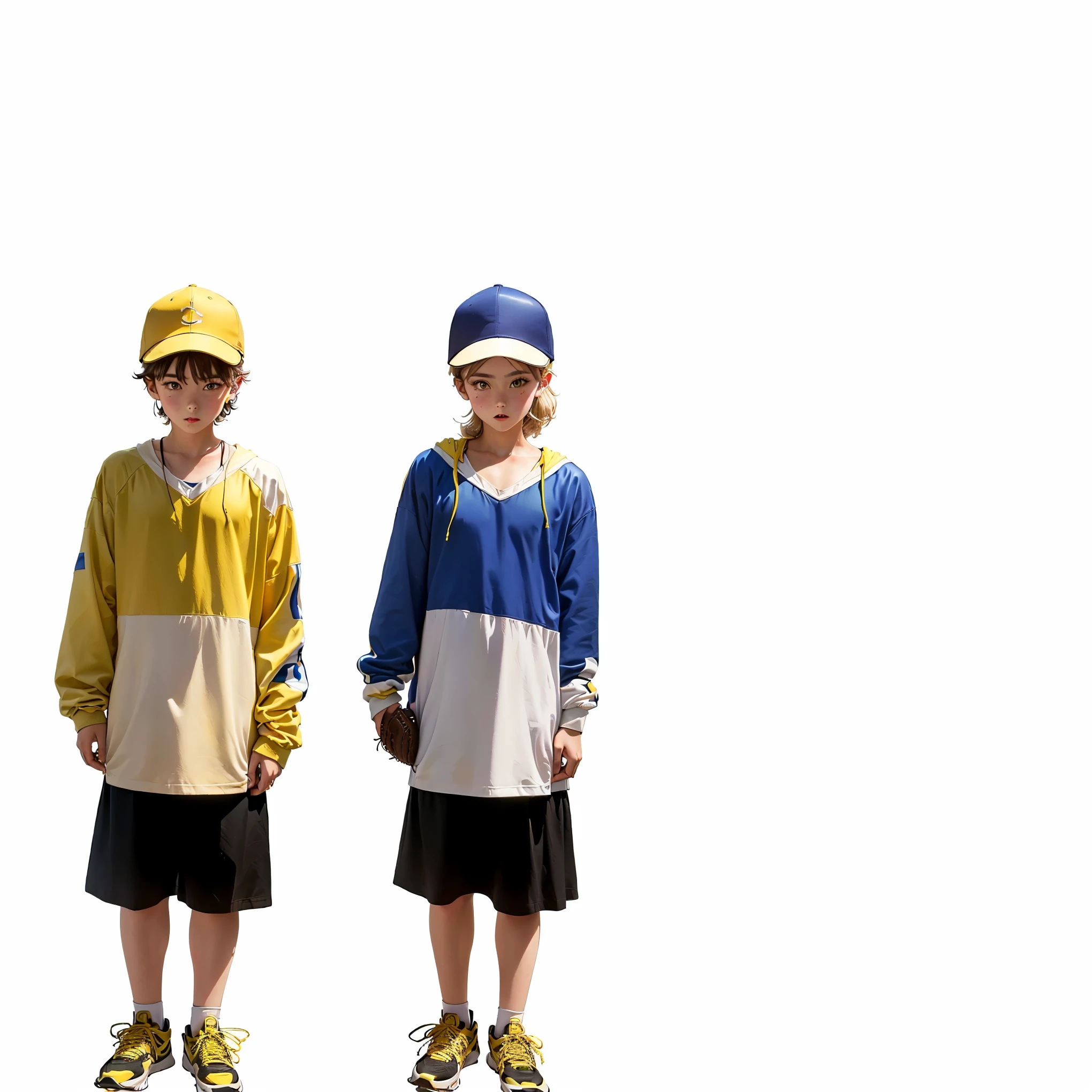 two childen people in costumes standing next to each other, , in blue and yellow clothes, 1980s, baseball caps, each wearing correct era clothes, south park style, medium shot of two characters, different ethnies, different somatic traits,