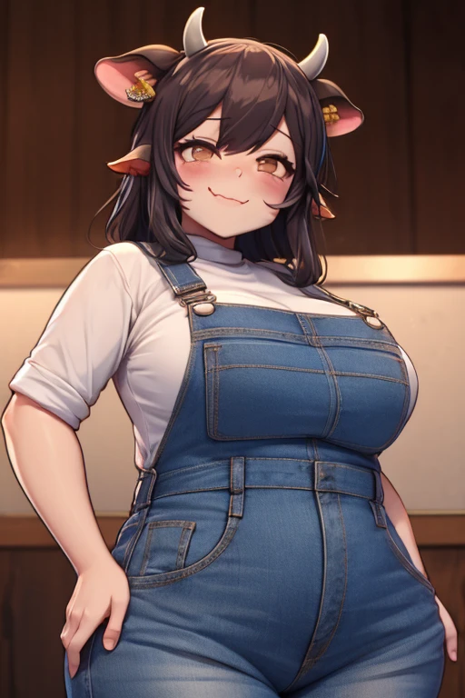 Plump, big breasts, black hair, brown eyes, chubby, smile, (cow girl Kemonomimi: 1.5), blue jeans overalls, longer hair, anime, plump round belly, ahegao face