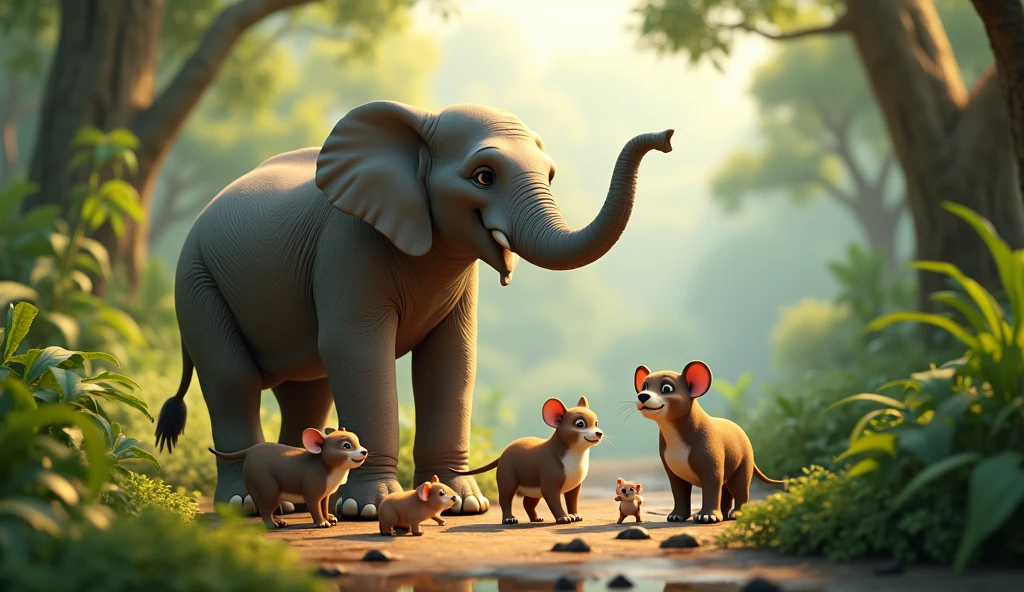 In 3d animation images in this story. હાથી સ્વસ્થ થઈને ફરીથી ઊભો થાય છે અને તેના મિત્રોનો આભાર માનતો હોય છે. બધા પ્રાણીઓ ખુશીથી ઉછળતાં હોય છે અને ફરી એક સાથે રમતાં હોય છે. જંગલમાં ફરીથી આનંદનો માહોલ છે"