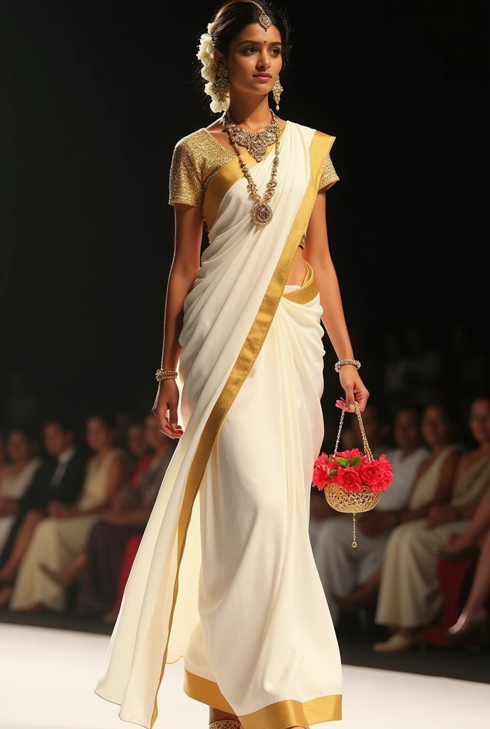 Kerala style girl walking on ramp wearing  white traditional kasavu saree with a golden blouse and having a white garlet on her head with white small Jasmine flowers and holding a small hanging basket made with gold filled with red flowers of visiting to kerala temple 