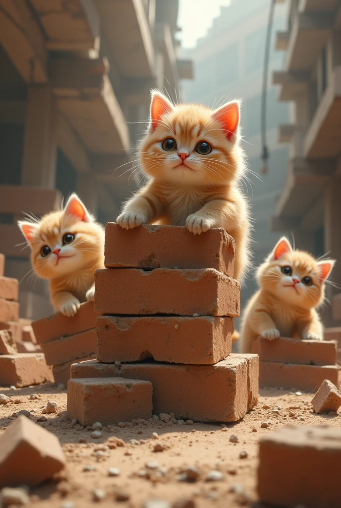 A litter of construction kittens were forced to lift very heavy bricks..The kitten is very tired.,sweat a lot
