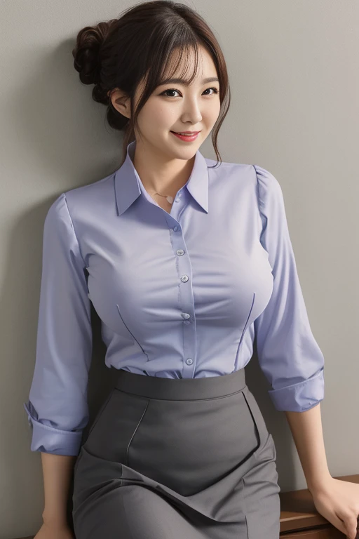 Masterpiece, best quality, photo quality, 4K high resolution, beautiful Japanese mature woman, woman in buttoned business shirt, blouse button is unbuttoned on her chest, sexy breasts and bra visible, wearing cotton grey tight business skirt, small breasts, flat chest, woman has beautiful legs, beautiful thighs, beautiful thighs, woman leaning against wall, photo from knee up, smiling, round face, updo,