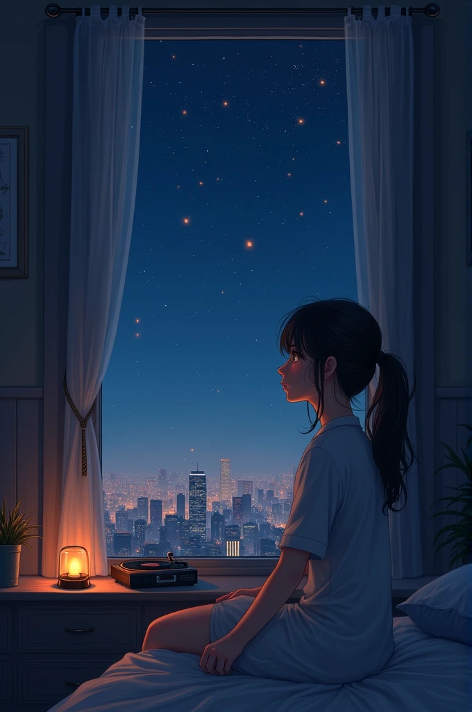 The girl is sitting by a window in her bedroom, looking out at a nighttime cityscape or a serene, starry sky. The room is decorated with calming colors, and there’s a small record player or a radio on a nightstand beside her. The ambiance is peaceful and reflective.