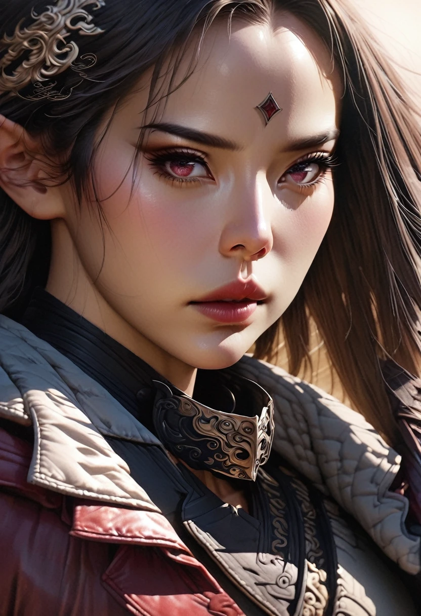 a tall elf woman, leather clothes, waist-length red coat, half-face mask, hooded, beautiful detailed eyes, beautiful detailed lips, extremely detailed eyes and face, long eyelashes, fantasy, digital painting, intricate details, highly detailed, cinematic lighting, warm color palette, dramatic lighting, photorealistic, 8k, (best quality,4k,8k,highres,masterpiece:1.2),ultra-detailed,(realistic,photorealistic,photo-realistic:1.37)