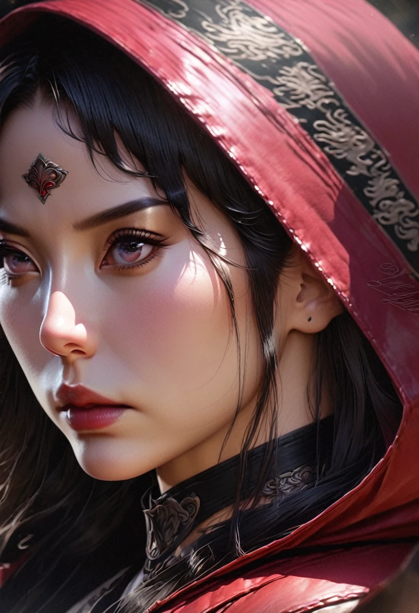 a tall elf woman, leather clothes, waist-length red coat, half-face mask, hooded, beautiful detailed eyes, beautiful detailed lips, extremely detailed eyes and face, long eyelashes, fantasy, digital painting, intricate details, highly detailed, cinematic lighting, warm color palette, dramatic lighting, photorealistic, 8k, (best quality,4k,8k,highres,masterpiece:1.2),ultra-detailed,(realistic,photorealistic,photo-realistic:1.37)