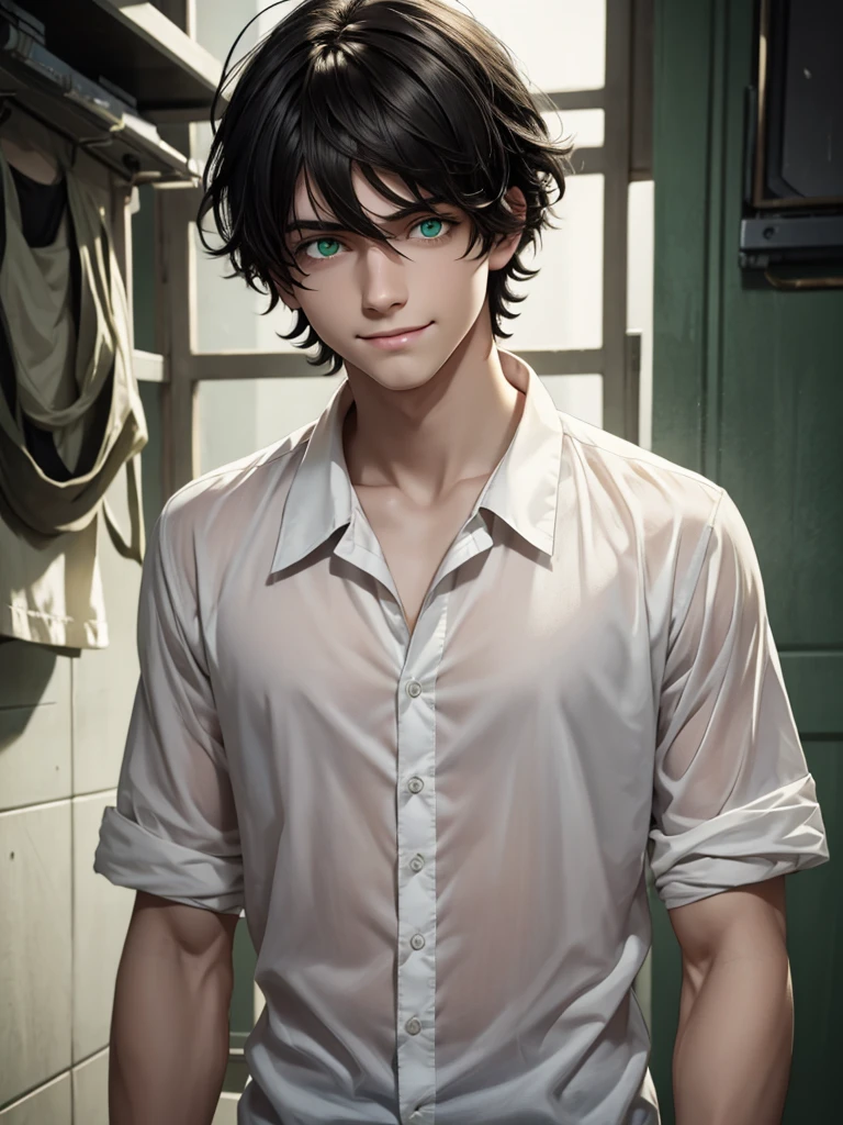 (best quality), 1boy, young boy, pale skin, black hair, medium hair, tousled hair, messy hair, bangs over eyes, green eyes, dark circles under eyes, bandages, light smile, scrawny body, oversized shirt, masterpiece, anatomically correct, highres
