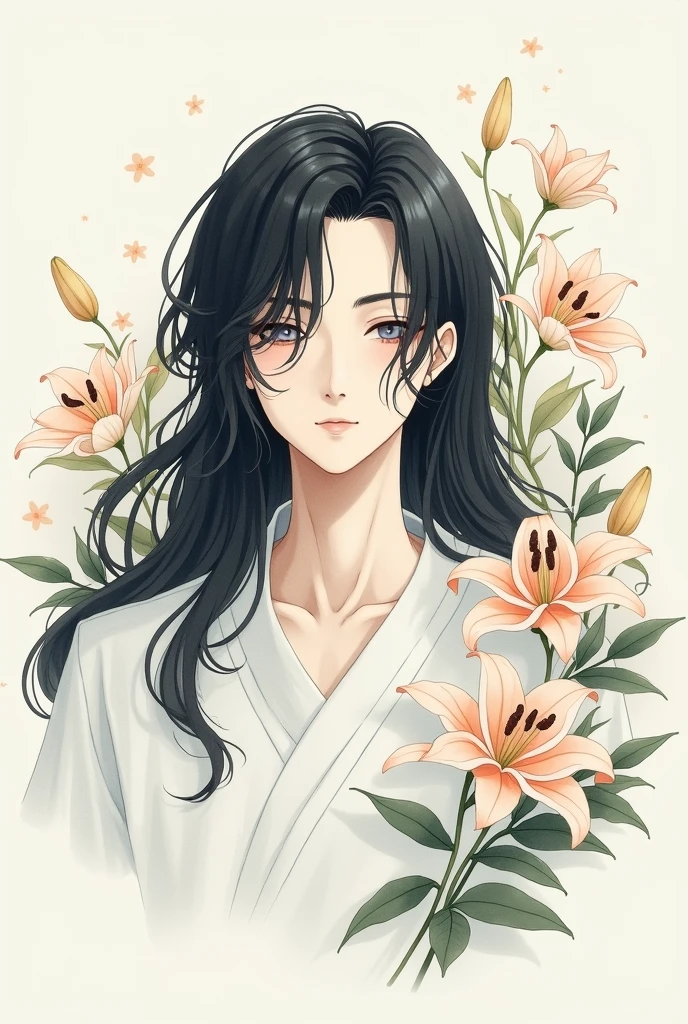 Male，male，Long black hair，long flowing hair，Soft Lighting，water ink，Low saturation，Low contrast，flower，Lily flower bouquet，Neat and clean clothes