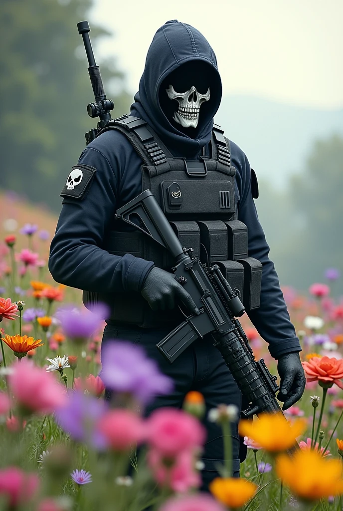 Creat an image of warzone character ghost on flower field