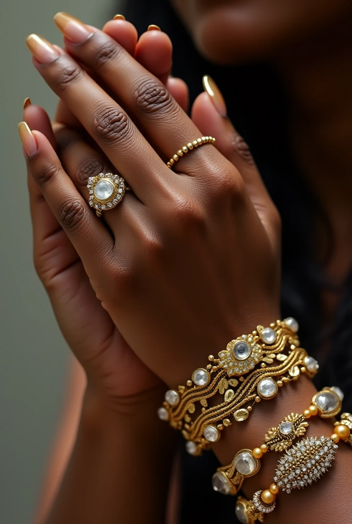 a dark-skinned cholita&#39;s hand that has gold jewelry for a jewelry advertisement