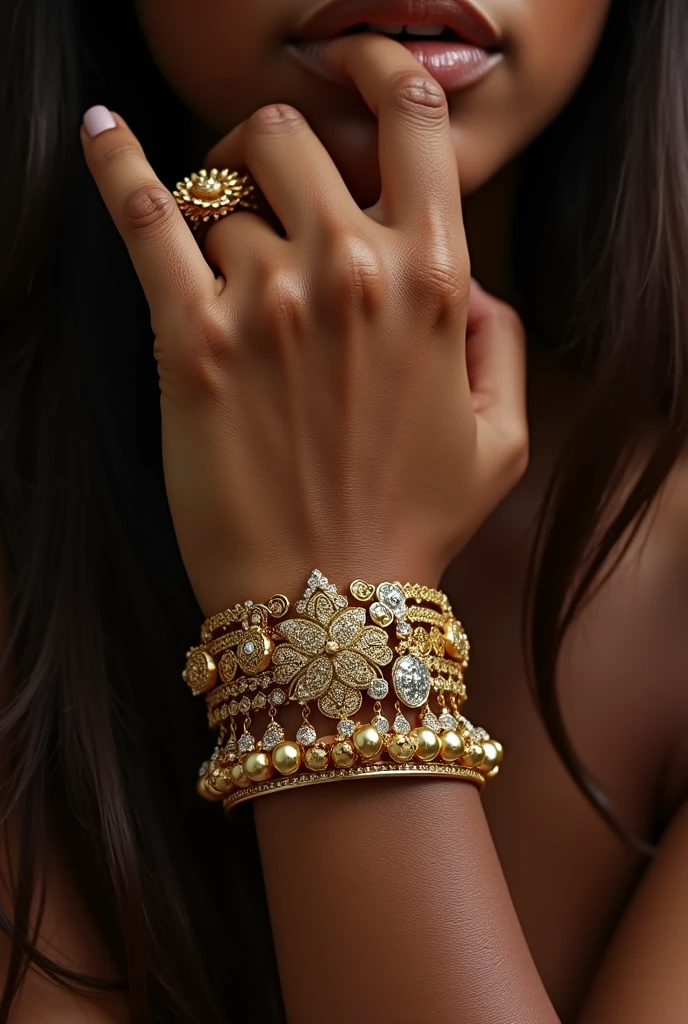 a dark-skinned cholita's hand that has gold jewelry for a jewelry advertisement