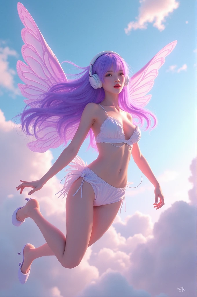 Korean purple hair butterfly woman with headphone and short cupid outfit flying in the sky perfect body