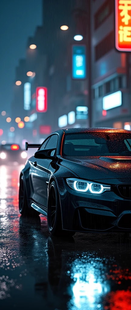 BMW m4 competition black colour,on the road of seoul city at night and rain