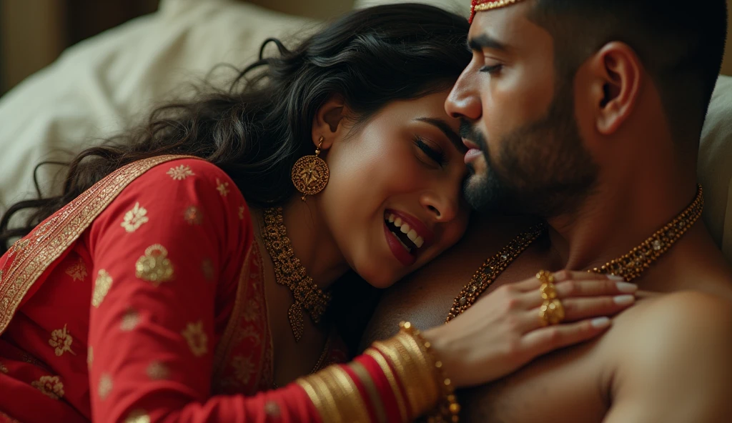 a 50-year-old shirtless man affectionately hugging and kissing aradiant, full-figured South Indian plus-sized 30 year old daughter wearing a off white silky saree in dressing room, (cum Splash on her face and blouse, cum Splash on her face, cum Splash)captured in a full-body image with vibrant hues and meticulous details. Full body image