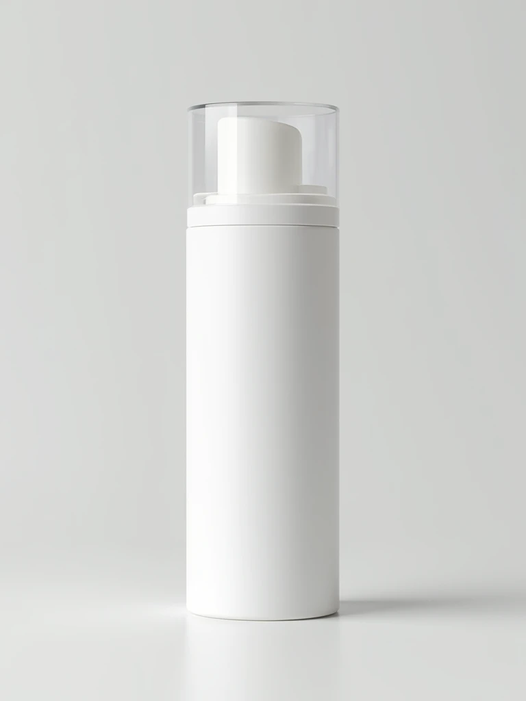 white cylindrical container with semi-transparent lid for shampoo, minimalist background for mockup