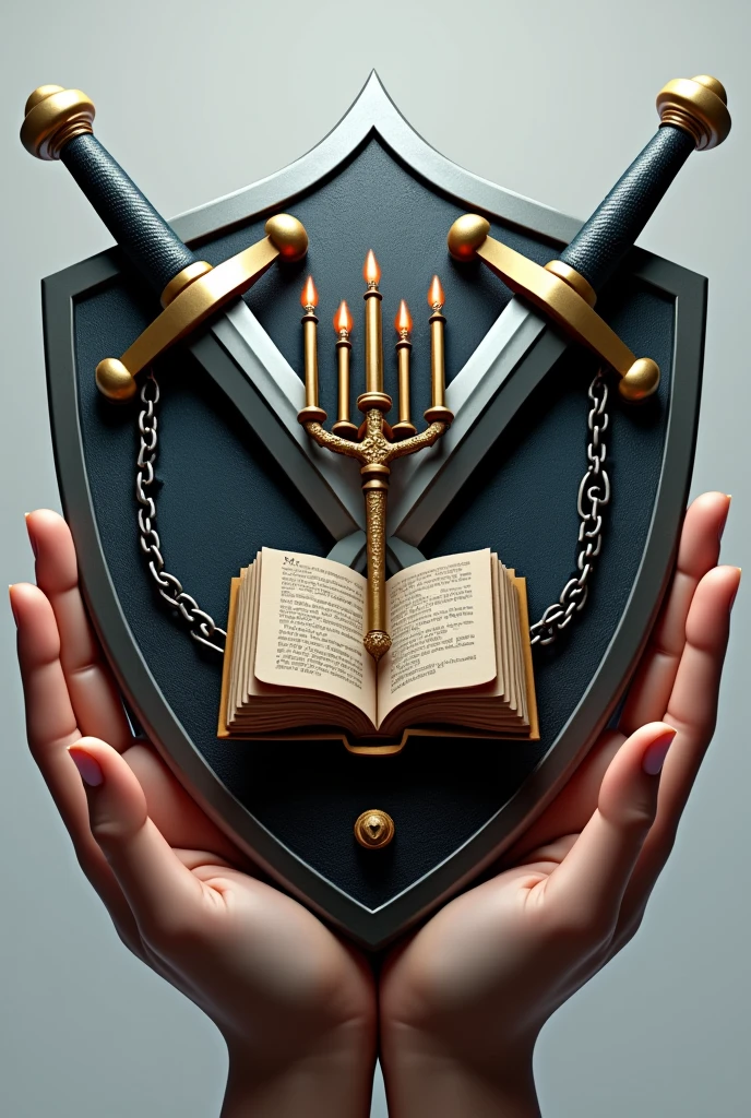 Crée moi un logo 3D hyper realiste et tres moderne en forme de bouclier avec deux épées qui se croisent dont les manches et les bouts sont visibles. Sur le bouclier est dessiné un chandelier à 7 branches sur une bible et le bouclier sur des mains dont la chaîne a ete brisée. Sur le bouclier est écrit TS