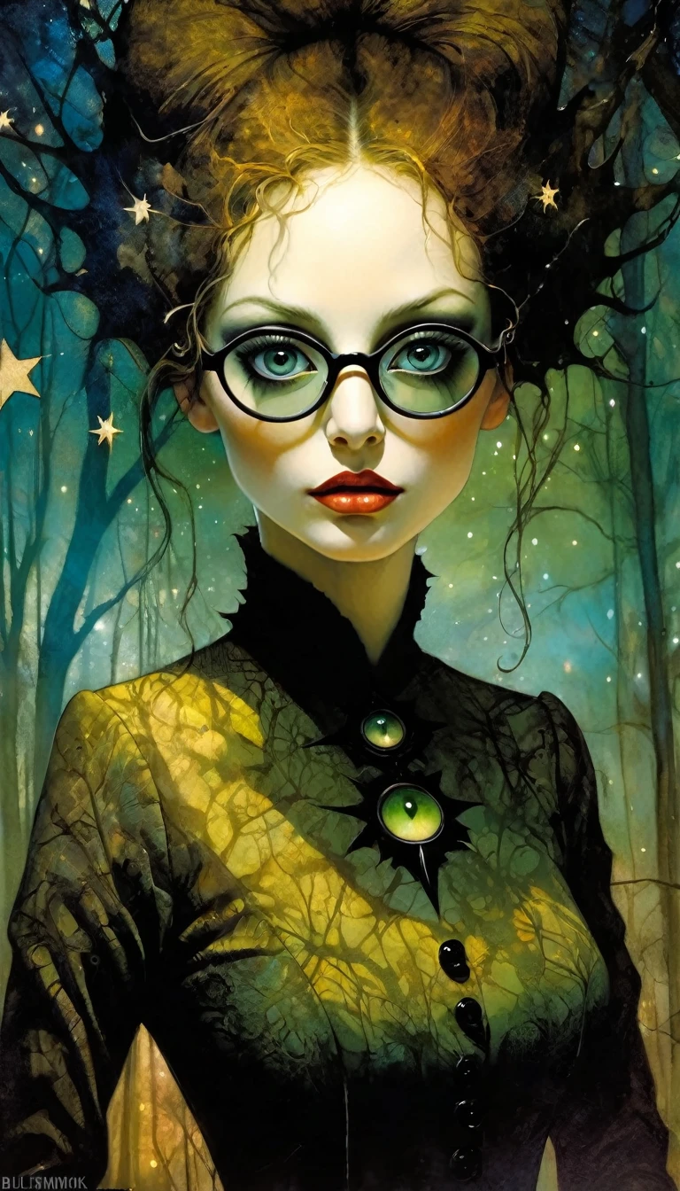 portrait, elegant picture frame, sexy monster, dirty green mucus suit, elegant Victorian era suit, one-eyed glasses, sinister forest background at night, with stars and nebula,(best quality, 4k, 8k, high resolution, masterpiece: 1.2), ultra-detailed, (realistic, photorealistic, photorealistic: 1.37), details intricate, vivid colors, sharp focus, professional, Dave McKean artwork, surrealism oil touch, oil painting style, portrait, woman, beautiful detailed eyes, beautiful detailed lips, dreamy atmosphere, shadow play, lighting soft, fun pose, dark tones, ethereal background, fantasy elements, texture, layered composition., art inspired by Bill Sienkiewicz and Dave McKean