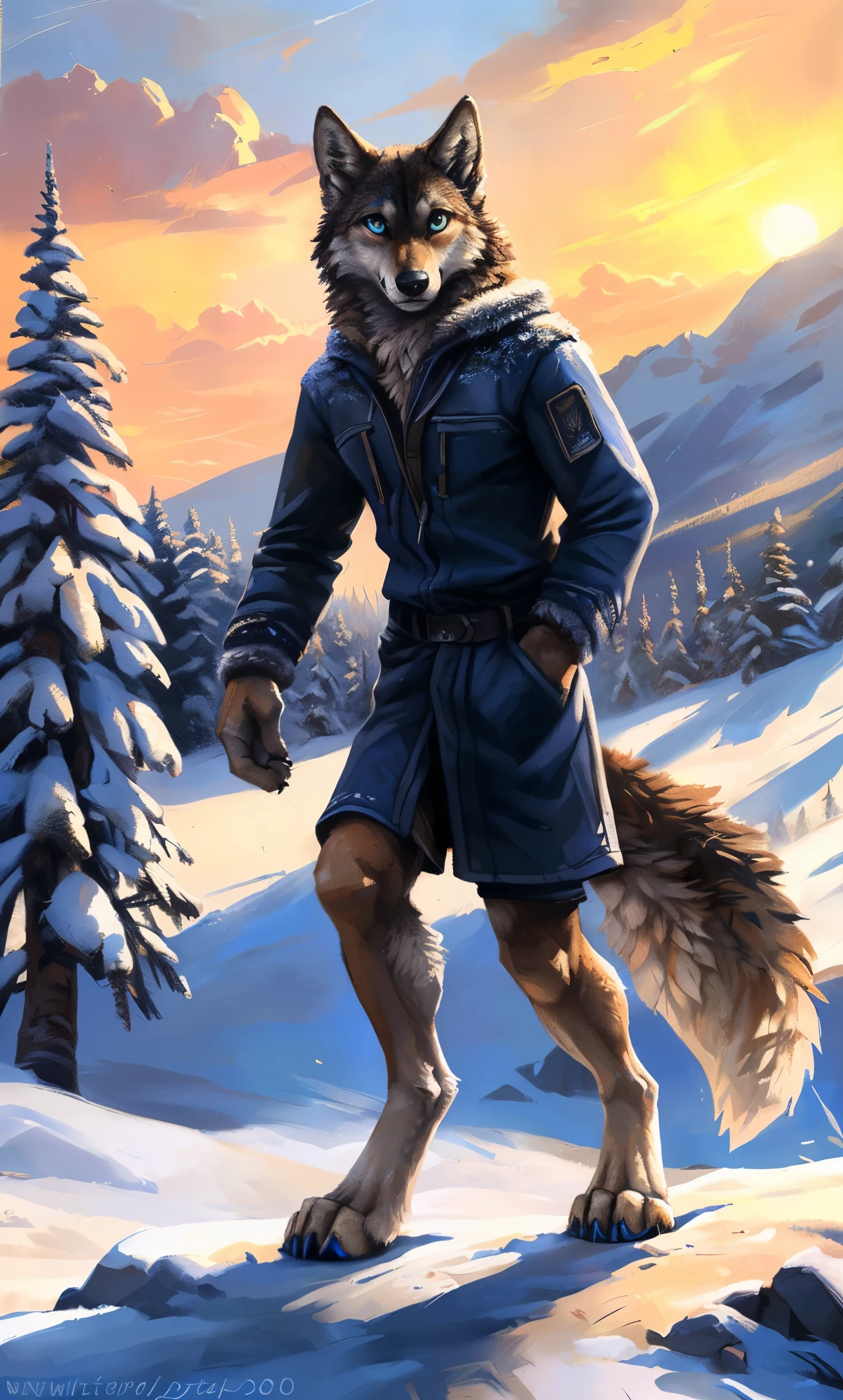 ((Solo)), male people, anthro wolf, (Multi-colored fur, White-brown:1.3,White tail pointed), (Height 2.1m,Tail length 1.2m), ((Wolf face, Big eyes, White eyelids, Blue pupil, Slim:1.2) (Tough, Calm expression:1.2)), Slim, pinging)), (Correct anatomy), (Winter clothing:1.1), The upper body naked, (detailed outfits),A long big tail,Feet,(Realistic fur, Detailed fur texture, labeled:1.3)), (Natural lighting), Photorealistic, Hyperrealistic, ultradetailed, by Kenket,Snowfield,erect through,Running on