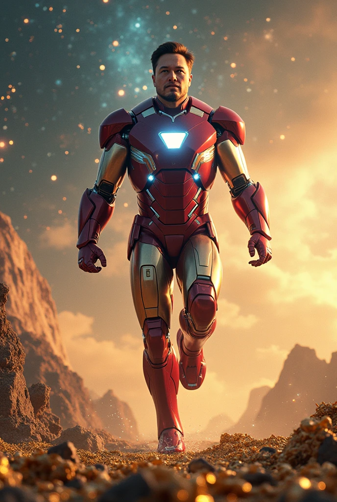 Create Elon Musk's face on Iron Man's body in the universe arriving on a planet with lots of gold and diamonds and with galaxies and attas stars