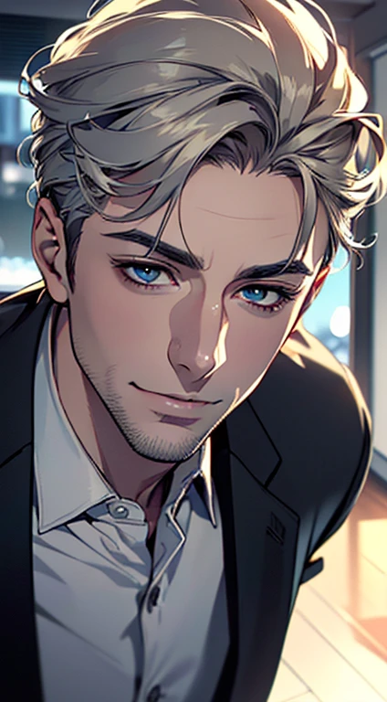 (best quality,4k,8k,highres,masterpiece:1.2),ultra-detailed,(realistic,photorealistic,photo-realistic:1.37),1 man,3,mature man,very handsome,without expression,smile,short grey golden hair,blue eyes,penetrating gaze,perfect face without errors,imposing posture,businessman,office background,cinematic lighting,hdr image