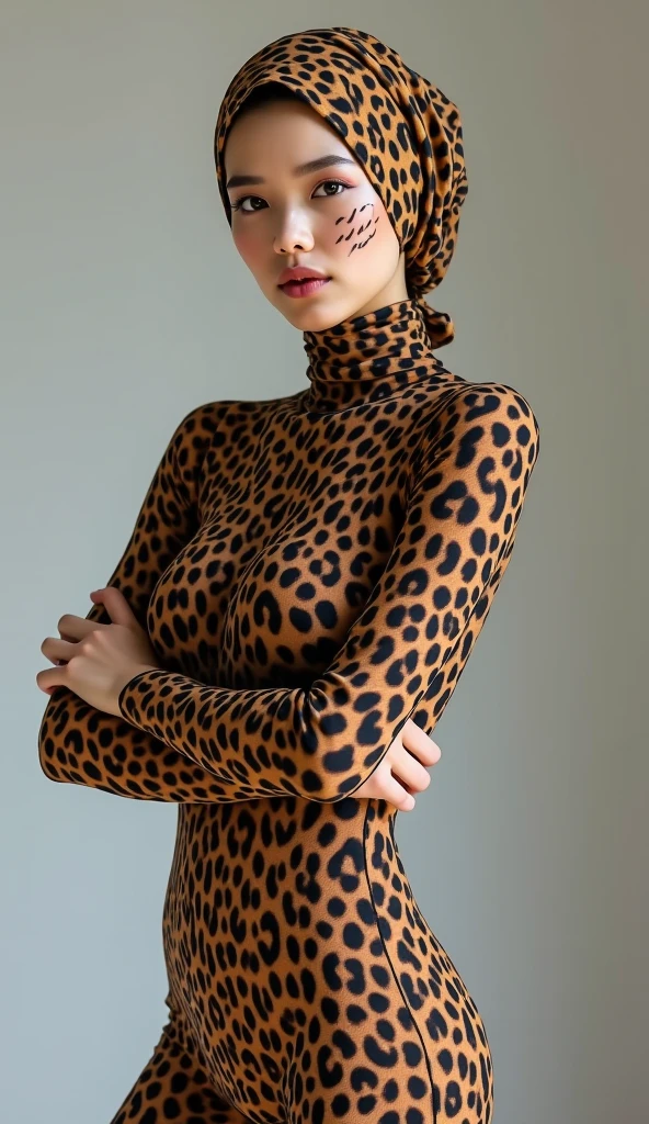 The beautiful,thin and clever asian muslimah adult girl with beautiful cheeks wears leopard print lycra footed turtleneck unitard catsuit covered with spots and leopard lycra elastane stretchy dancewear woven hijab covered with spots.She is has an idea when she has leopard spots face paint makeup.