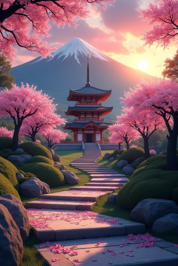 "A picturesque Japanese temple nestled at the base of a lush mountain, with ancient stone steps leading up to it. The setting sun casts a warm, golden light across the scene, illuminating the temple’s traditional wooden architecture and the winding stone pathway. The sky is painted with vibrant shades of orange, pink, and deep purple as the sun begins to dip behind the mountain. Cherry blossom trees in full bloom line the stone steps, their delicate pink petals softly catching the evening light. The temple's pagoda rises gracefully against the backdrop of the mountain, while the glowing sunset creates a serene and tranquil atmosphere. The petals from the cherry blossoms gently fall onto the stone steps, creating a carpet of soft pink hues. A gentle breeze adds a touch of movement to the scene, enhancing the overall feeling of peace and beauty."

This prompt will help create a serene and beautiful image featuring a Japanese temple, stone steps, a mountain, sunset, and cherry blossoms.