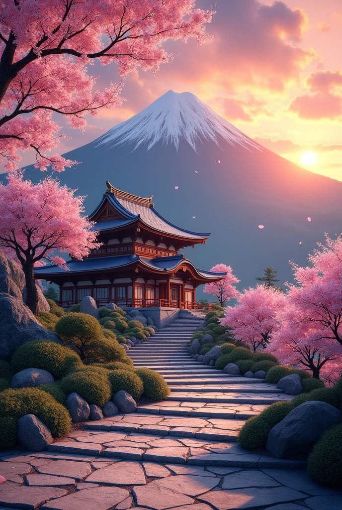 "A picturesque Japanese temple nestled at the base of a lush mountain, with ancient stone steps leading up to it. The setting sun casts a warm, golden light across the scene, illuminating the temple’s traditional wooden architecture and the winding stone pathway. The sky is painted with vibrant shades of orange, pink, and deep purple as the sun begins to dip behind the mountain. Cherry blossom trees in full bloom line the stone steps, their delicate pink petals softly catching the evening light. The temple's pagoda rises gracefully against the backdrop of the mountain, while the glowing sunset creates a serene and tranquil atmosphere. The petals from the cherry blossoms gently fall onto the stone steps, creating a carpet of soft pink hues. A gentle breeze adds a touch of movement to the scene, enhancing the overall feeling of peace and beauty."
This prompt will help create a serene and beautiful image featuring a Japanese temple, stone steps, a mountain, sunset, and cherry blossoms.