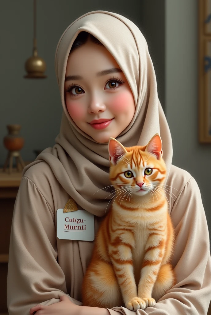 Photorealism beautiful tudung girl with nametag Cikgu Murni with a cute orange cat