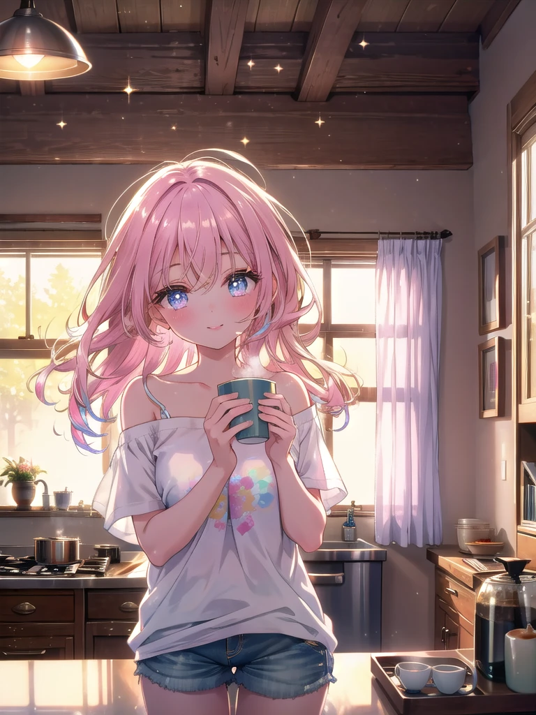 ((8k, Highest quality, masterpiece: 1.3)),Ultra-high resolution,(1 girl, alone), (Color changing eyes, Ultra-detailed, Expressive brilliance, Glitter, Glowing Eyes), Highly detailed eyes, Highly detailed face, Random Hair, ((pastel colour))A charming woman in her cozy, modern apartment, wearing an oversized white T-shirt that casually falls off one shoulder, paired with snug denim shorts. The morning light softly filters through the sheer curtains, illuminating the room with a gentle glow. She stands by the kitchen counter, holding a steaming cup of coffee in both hands, with a warm smile on her lips. Her eyes, filled with affection, gaze directly at the camera, which is held by her boyfriend. Her slightly tousled hair adds to her natural beauty, and she playfully leans forward, resting her elbows on the counter, as if inviting him to join her for a cozy morning together.