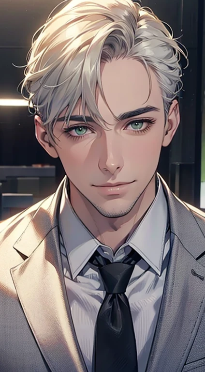 (Highest quality,4K,8K,High resolution,masterpiece:1.2),Super detailed,(Realistic,photoRealistic,photo-Realistic:1.37),1 personld,Mature Men,Beautiful skin、very handsome,Expressionless smile in love,Short white hair,green eyes,Sharp Eyes,A perfect face without a doubt,Businessman, CEO, Office Background,Cinema Lighting,HDR image,tie、
