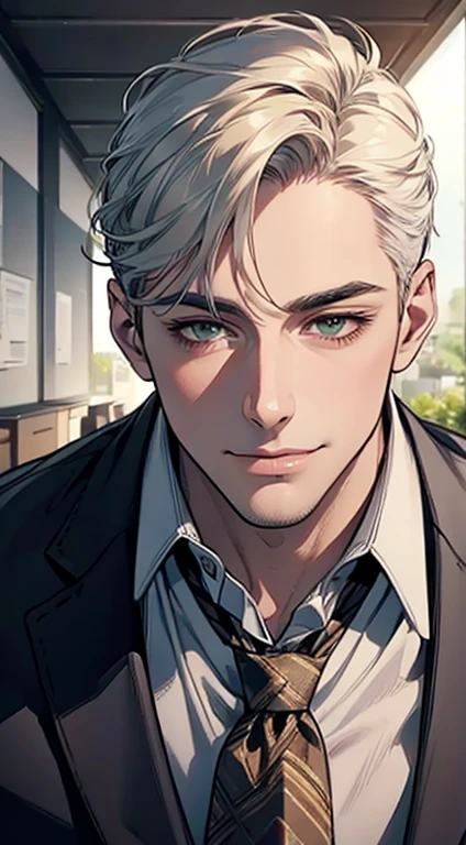 (Highest quality,4K,8K,High resolution,masterpiece:1.2),Super detailed,(Realistic,photoRealistic,photo-Realistic:1.37),1 personld,Mature Men,Beautiful skin、very handsome,Expressionless smile in love,Short white hair,green eyes,Sharp Eyes,A perfect face without a doubt,Businessman, CEO, Office Background,Cinema Lighting,HDR image,tie、