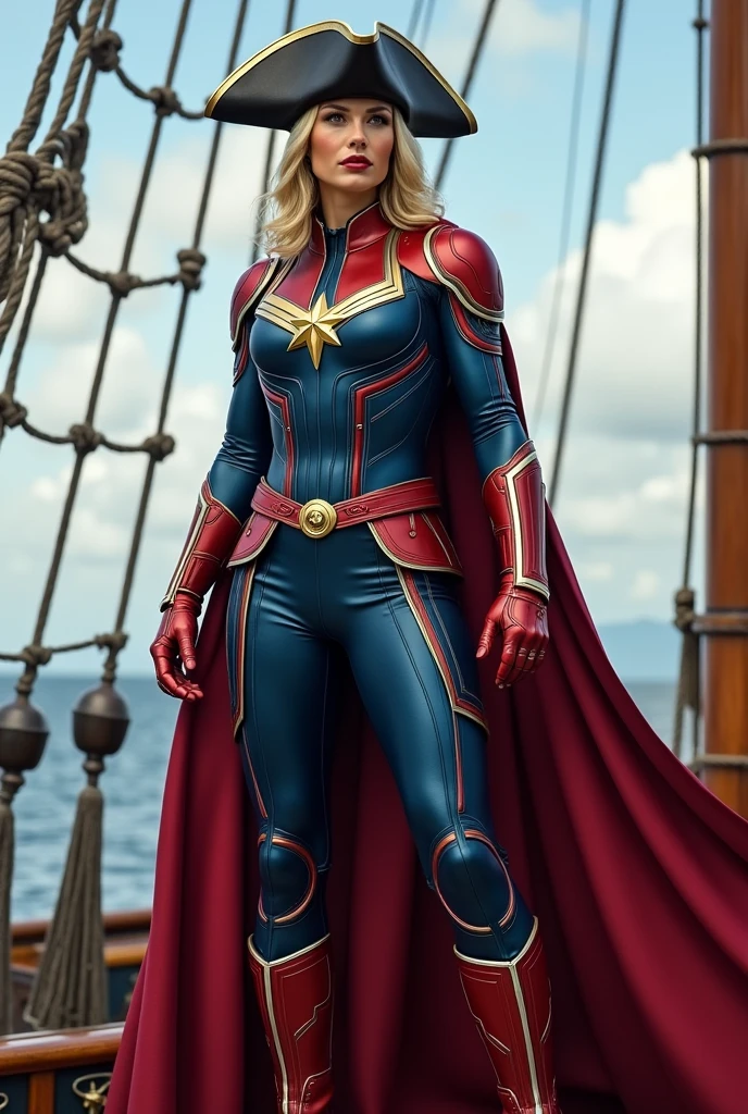 Marvel superhero full body, captain marvel pirate costume , pirate hat standing on boat