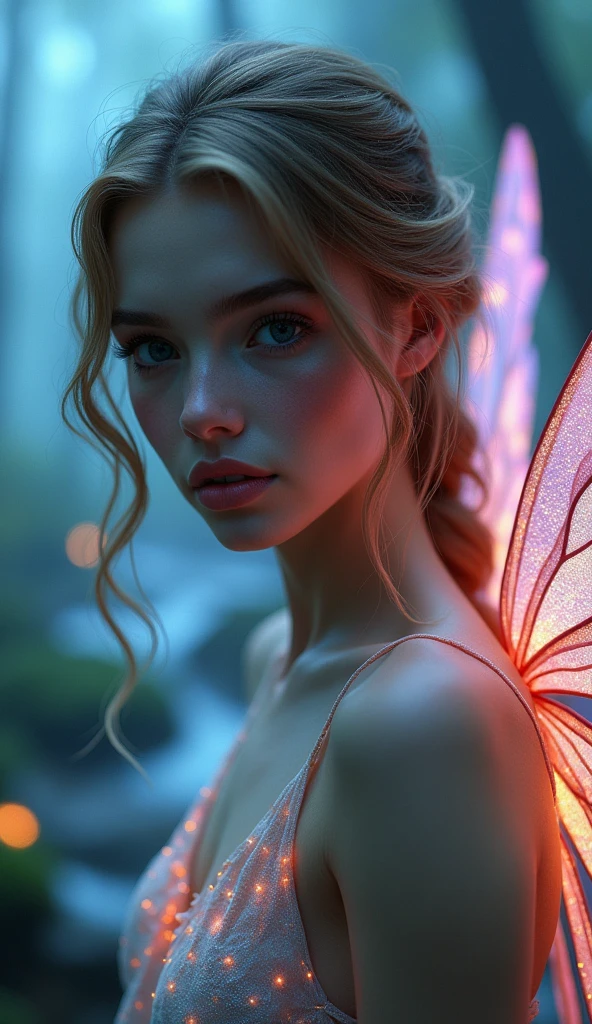 "Full-length shot of a beautiful 20-year-old fairy with delicate facial features and an attractive gaze, captured from a close angle. She has iridescent fairy wings that shimmer softly in the misty forest. A gentle stream flows in the background, with neon lights illuminating the scene, creating an ethereal and whimsical atmosphere. The lighting is soft and diffused, enhancing the immersive effects of augmented reality. The composition blends elements of realism and fantasy, emphasizing the fairy's enchanting beauty in a magical, dreamlike setting."