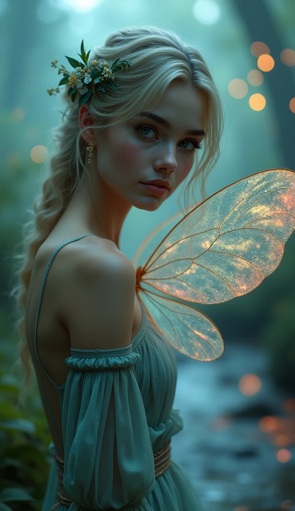 "Full-length shot of a beautiful 20-year-old fairy with delicate facial features and an attractive gaze, captured from a close angle. She has iridescent fairy wings that shimmer softly in the misty forest. A gentle stream flows in the background, with neon lights illuminating the scene, creating an ethereal and whimsical atmosphere. The lighting is soft and diffused, enhancing the immersive effects of augmented reality. The composition blends elements of realism and fantasy, emphasizing the fairy's enchanting beauty in a magical, dreamlike setting."