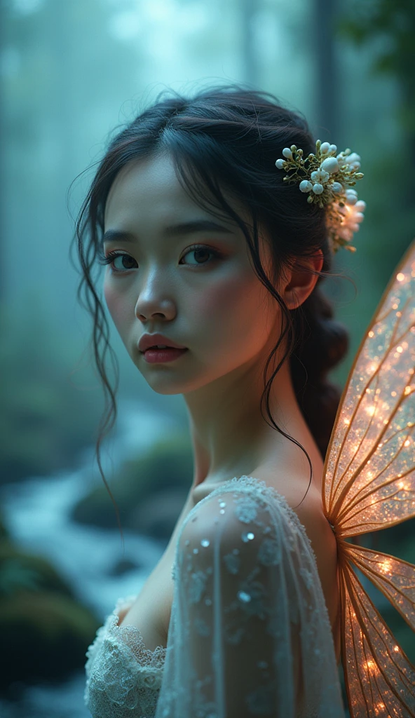 "Full-length shot of a beautiful 20-year-old fairy with delicate facial features and an attractive gaze, captured from a close angle. She has iridescent fairy wings that shimmer softly in the misty forest. A gentle stream flows in the background, with neon lights illuminating the scene, creating an ethereal and whimsical atmosphere. The lighting is soft and diffused, enhancing the immersive effects of augmented reality. The composition blends elements of realism and fantasy, emphasizing the fairy's enchanting beauty in a magical, dreamlike setting."