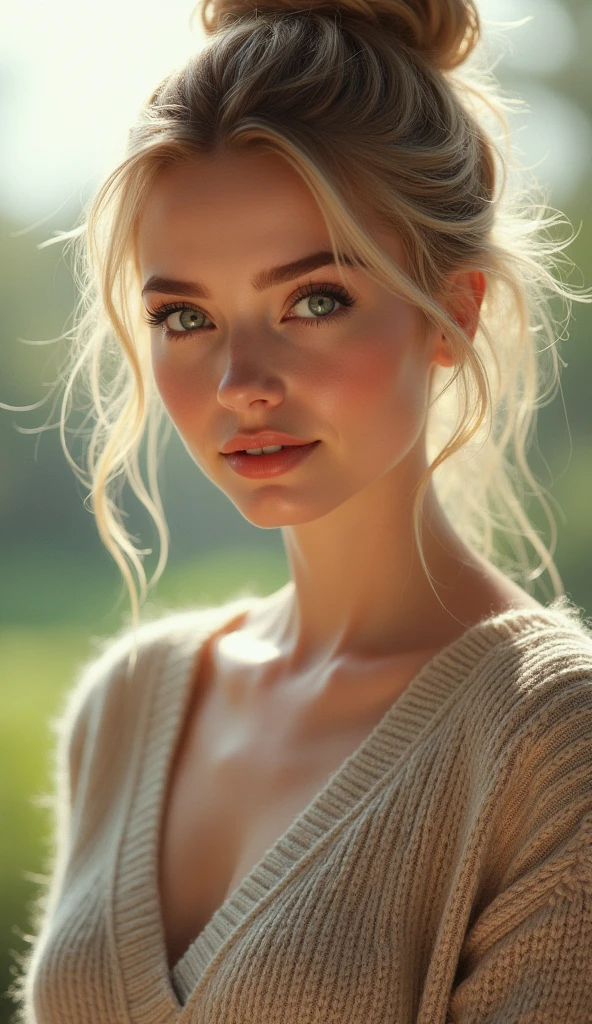 (masterpiece, blonde hair, bun hair, blue eyes, wearing a V-neck sweater, (natural light:1.2))
