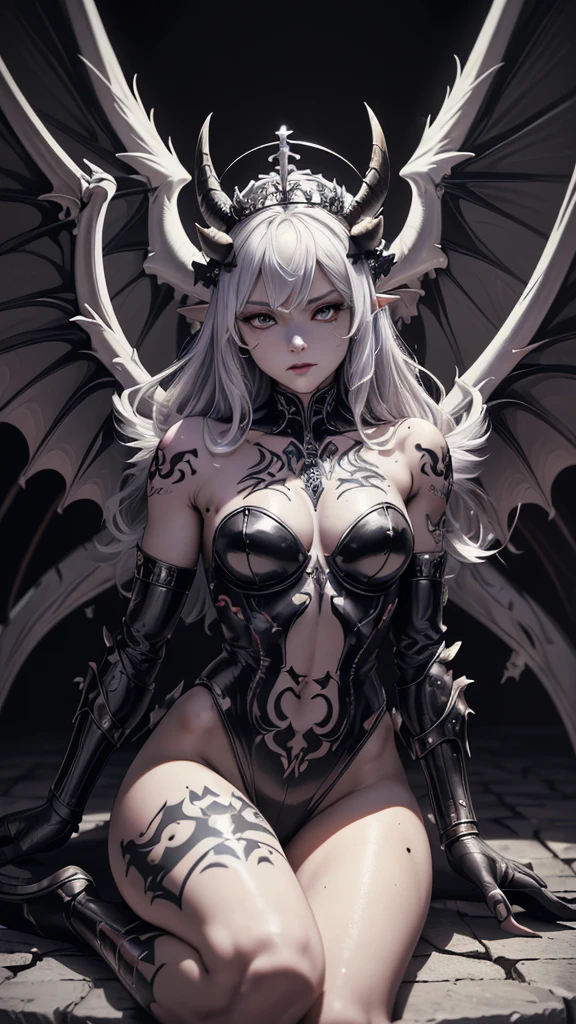 Goddess sitting on a stone throne, In the old castle, (Realistic picture, highest resolution, 16ก), (A demon with wide wings and immense power on her shoulders., Twelve wings on the shoulders., Three black bat wings:1.5 , 3 white angel wings:1.5), Has 100 wings on the shoulders, There are 1000 wings that flow., Twelve wings on the shoulders., black bat wings:1.3 white angel wings:1.5), 6 angel wings, 6 devil wings, ((Small pieces of armor), The horns that grow out of the skull like a crown, Resolution 4000 x 2250 pixels, beautiful gesture, Angel wings and devil wings, (Realistic picture, highest resolution, 16K), (RAW shooting:1.5, realistic:1.5, Fantasyมืด:1.5, 8ก), (Highest quality, Masterpiece, Ultra high resolution), The Desolated Demon World, ((Perfect dynamic composition:1.7, A mole on the bone that looks like a tattoo:1.6)), Six pairs of large wings, ปีกDemon Godขนาดใหญ่, ความใหญ่โตของปีกDemon God, Amazing wings, woman with wings, Interior scene of an ancient castle, castle ruins, Demon God, Magic, magic, Fantasy,