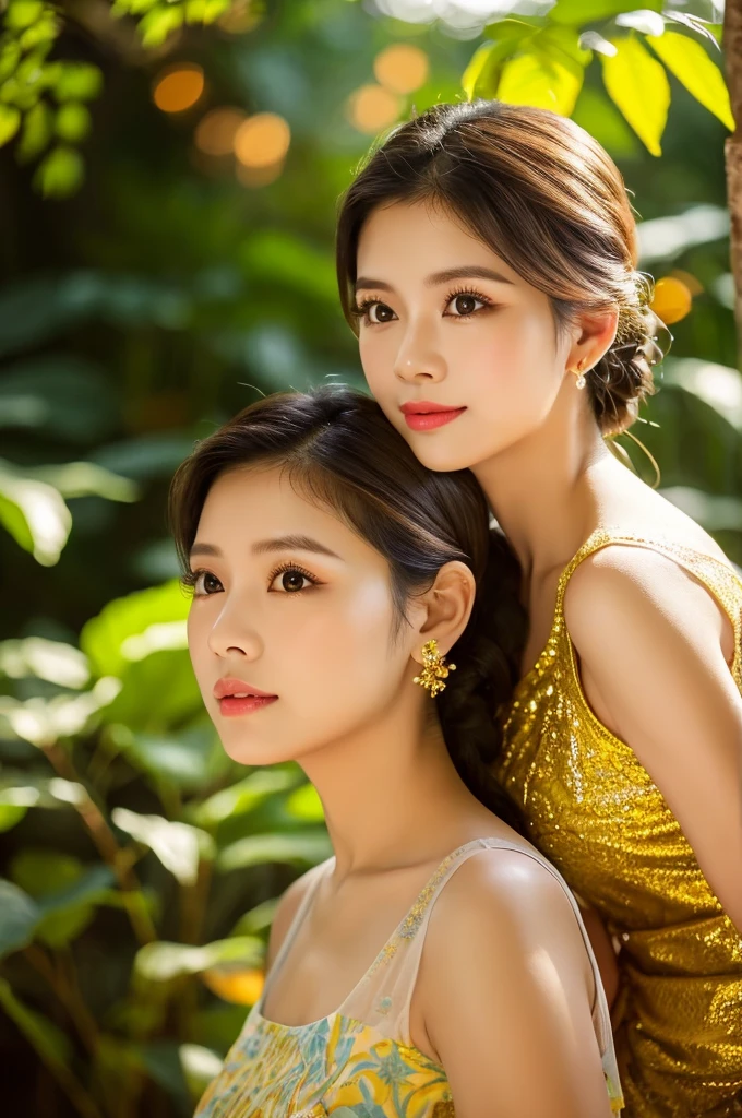 a cute Thai woman, 2 girls, outdoor, beautiful, soft lighting, vibrant colors, natural surroundings, artful composition, photorealistic, 8k, best quality, masterpiece, detailed face, detailed eyes, detailed lips, long eyelashes, intricate hairstyle, elegant dress, dynamic pose, serene expression, lush foliage, golden hour lighting, cinematic framing, professional quality