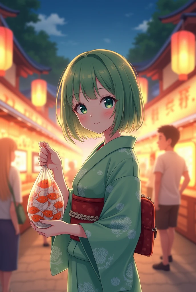 Create a cute 17yearold girl high160cm with bob hair + light green bangs, light blue eyes, at a Japanese festival at night, holding a bag of goldfish Wearing a light green yukata.