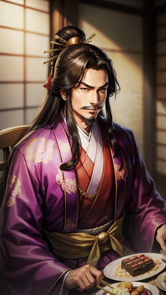 「In a luxurious Japanese-style mansion、Oda Nobunaga enjoying a lavish banquet with his mistresses。Nobunaga is sitting smiling in a gorgeous kimono.。The lovers wear beautiful traditional Japanese clothing.、He is having a pleasant conversation with Nobunaga in front of a table filled with sumptuous food.。In the background is a luxuriously decorated Japanese-style room.。」