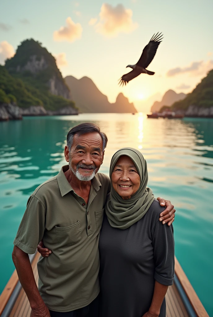 very detailed and realistic photos, HD quality, 4K, A married couple, looking at the Camera,  Indonesian man and woman, 70 years old, the man is a bit thin, 170 cm tall, black hair, wearing casual clothes, the woman is wearing a headscarf, fat, 165 cm tall, the photo position is facing the camera, they are riding a luxury private yacht with an open roof on a seashore with a background view of small islands that are very beautiful and exotic with very clear sea water, a large eagle appears to be flying very close to their ship. morning atmosphere with the sun still looking reddish in the sky.