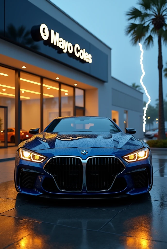 A nevy blue BMW having goolden headlight standing in the front of mercedes showroom and in background lighting strike