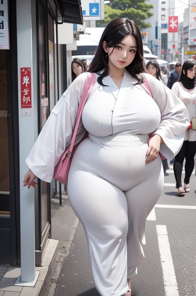 Arab Japanese woman on the street , Attractive voluptuous body , Wearing white jumpsuit pajamas, Beautiful woman, in great detail , Deep in the heart, huge breasts, Big and wide hips, long legs, tall ,thick high, group, Full body on camera, Wearing a strap wedge