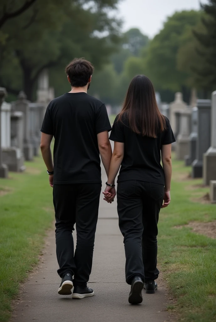 My sister and I dressed in black with pants and t-shirts, Leaving Memorial Park Cemetery in Santa Cruz de la Sierra